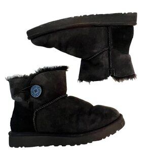 UGG Australia Mini Bailey Button II Logo Boots Black Size 7 Suede Shearling
